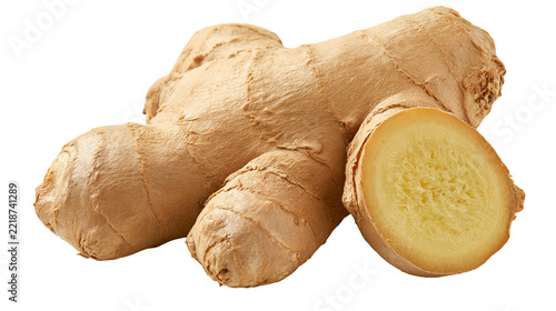 Fresh raw ginger root with a sliced cross section showing fibrous yellow texture