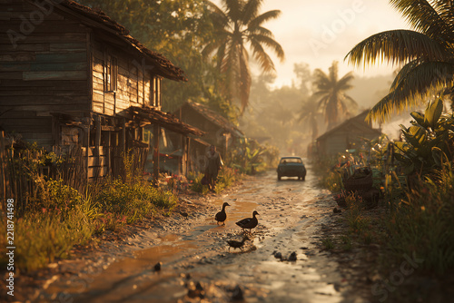 Rural tropical village scene with wooden stilt houses at golden hour