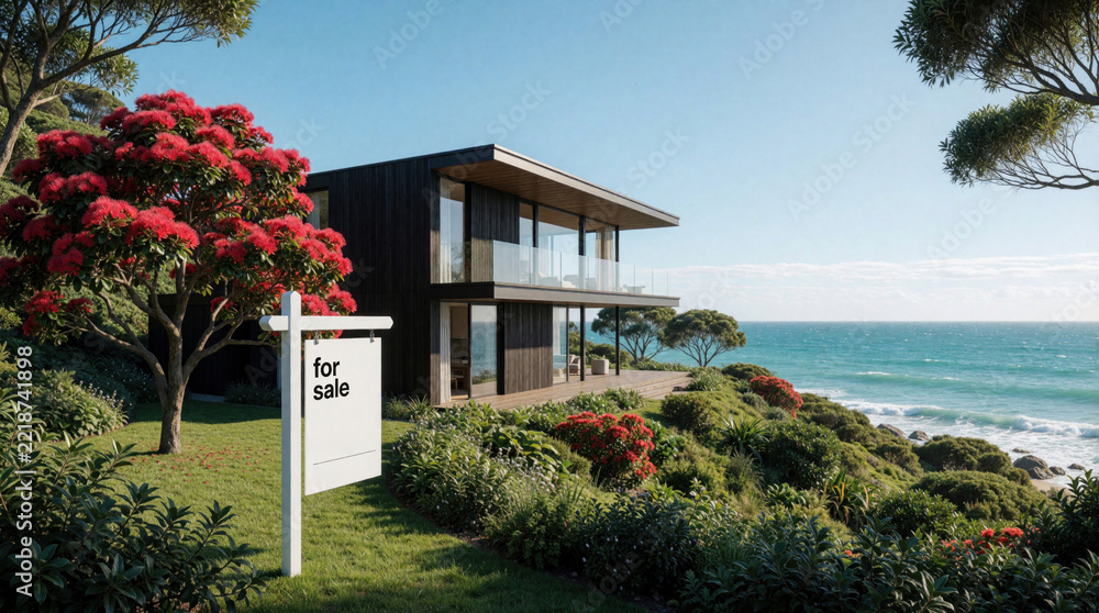 Fototapeta premium Modern eco villa for sale near ocean shore in New Zealand. Luxury coastal house with large glass windows, wooden facade stands among blooming red pohutukawa trees. Premium waterfront real estate