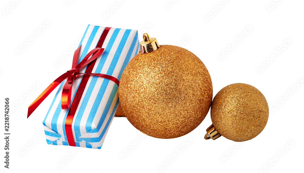 Fototapeta premium Golden Christmas ornaments and a wrapped gift on a white background