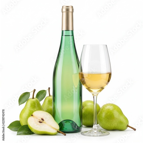 White wine bottle and glass with fresh pears isolated on white