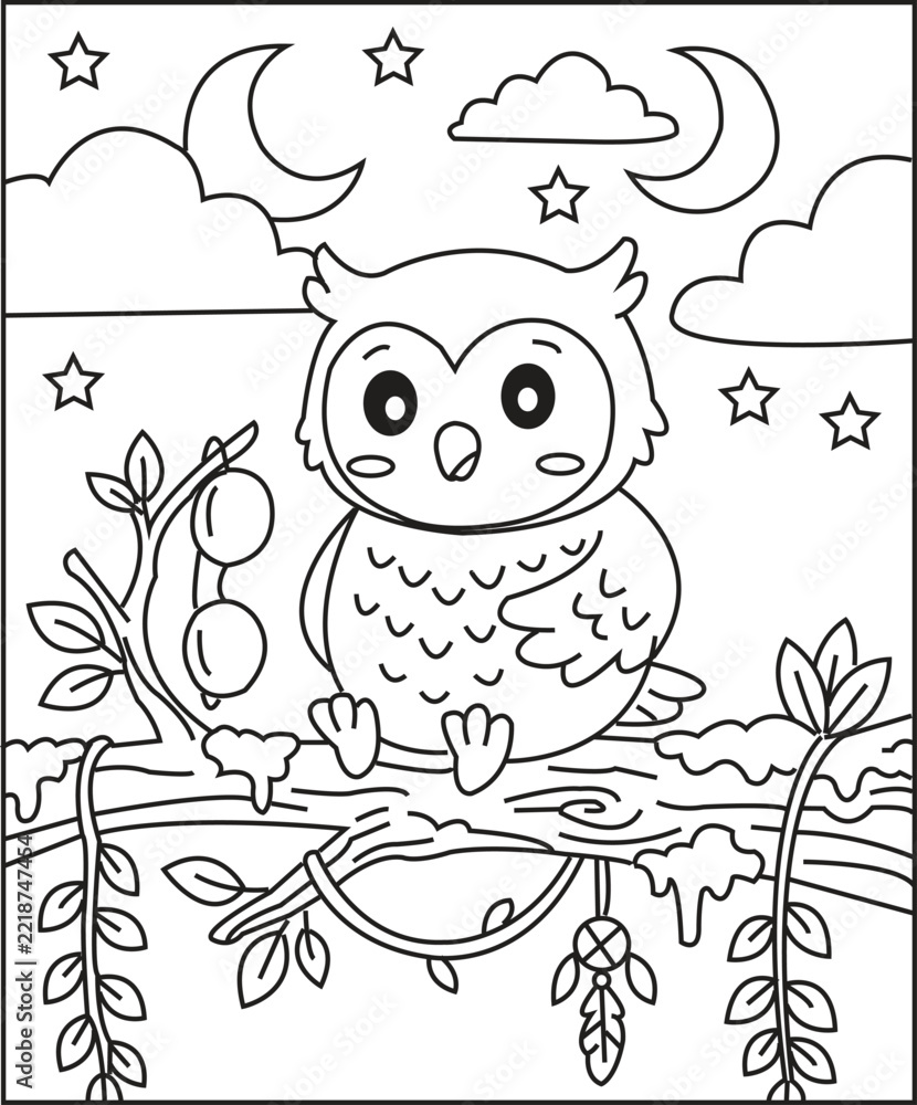 Fototapeta premium Cute Owl Flying with Balloons Coloring Page kids