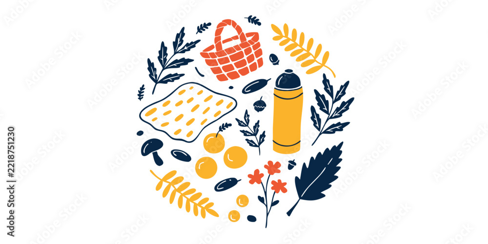 Fototapeta premium Circular picnic vector illustration with a wicker basket, blanket, thermos, fruit, and leaves. 