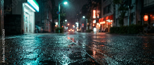 Rainy Night City Street Reflections, Wet Pavement, Neon Lights