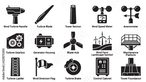 Wind turbine energy components collection featuring nacelles blades tower sections and monitoring tools in black silhouette style for sustainable power design.