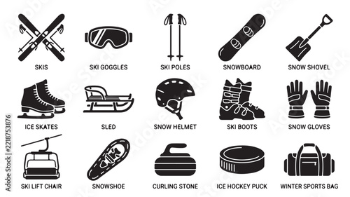 Winter sports equipment icon collection featuring skis snowboards sleds helmets goggles and hockey gear black silhouettes for cold weather activities design.