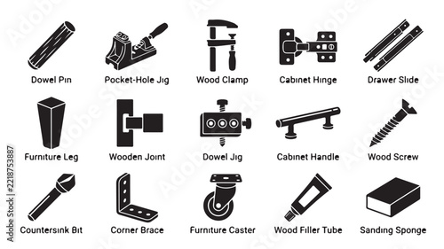 Hardware icons set with dowels furniture legs hinges handles screws and assembly fasteners in black silhouette style for cabinet making and interior design.
