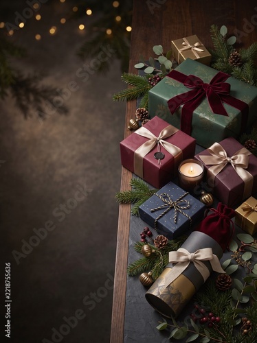 Elegant assortment of festively wrapped presents nestled among lush winter greenery and warm lights, capturing the spirit of joyful holiday giving and celebration