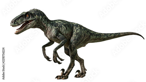 Green scaly Velociraptor dinosaur with sharp teeth and claws in side profile