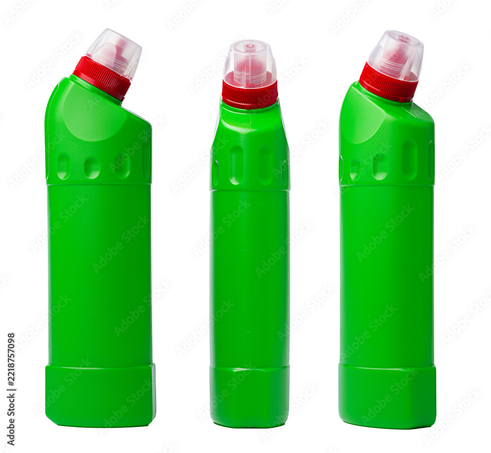 Naklejka premium Cleaning liquid bottles arranged in a row showing caps and labels on a white background