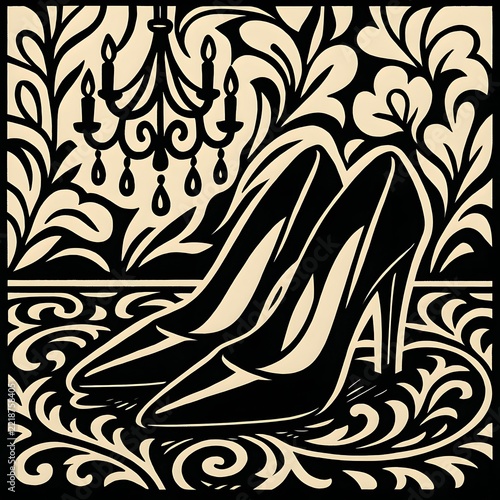 Artistic Illustration of High-Heeled Shoes and a Chandelier in a Luxurious Setting with Decorative Patterns