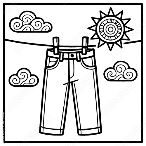 Black and White Illustration of Pants Hanging on a Clothesline with Clouds and Sun in the Sky