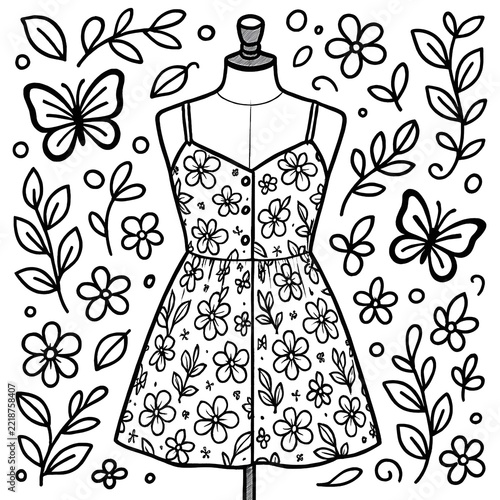 Elegant floral patterned sundress displayed on mannequin surrounded by illustrated flowers and butterflies in black and white line art style