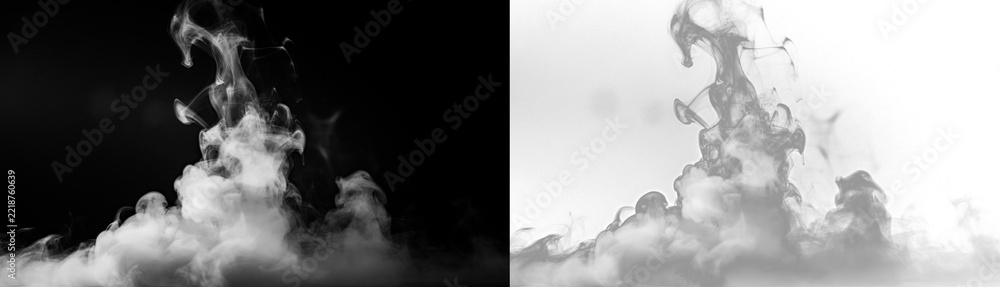 Fototapeta premium Abstract white smoke or steam rising up on black and transparent background, dynamic swirling vapor clouds for special effects and compositing