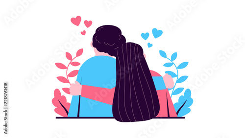 Couple hugging from behind with hearts and leaves