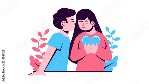 Man kissing woman on the cheek while she holds a heart