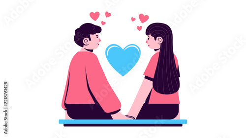 Couple sitting face to face with a blue heart between them