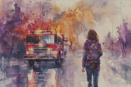 Watercolor painting of a female firefighter and a fire truck on a canvas texture; artistic  style grunge retro background.