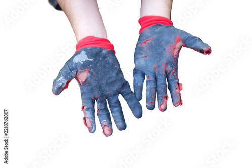 Worn Out Work Gloves Damaged Safety Equipment Isolated on Transparent Background Cutout PNG. Pair of heavily worn and torn work gloves held up