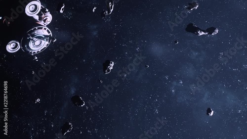 A spacecraft drifts quietly through the vastness of space, surrounded by numerous asteroids. The infinite stars glimmer in the background, creating a serene and mysterious atmosphere.