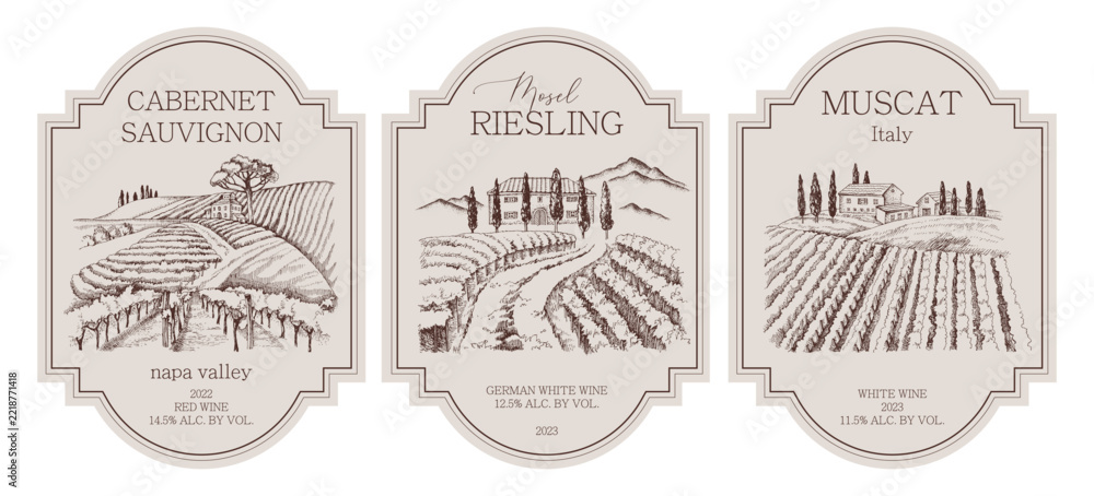 Naklejka premium Wine labels with hand drawn vinery landscapes