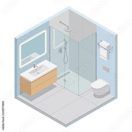 Isometric Bathroom Design Modern Vanity Shower Stall Toilet Sink Isolated