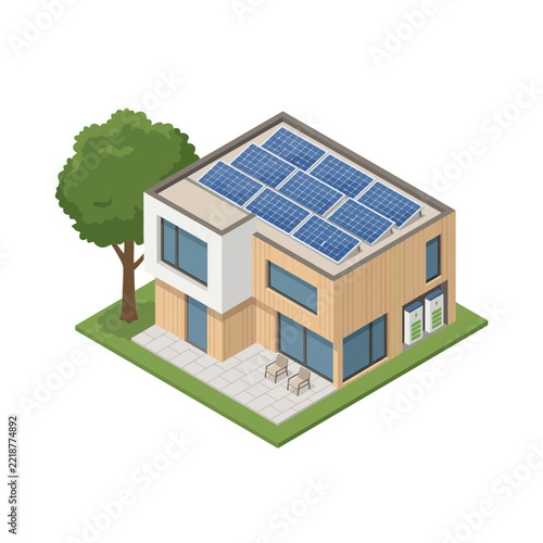Modern eco friendly house with solar panels on roof isolated on transparent background