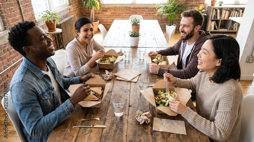 A Harmonious Meal: A diverse group of friends enjoys a delightful and casual lunch together, sharing laughter and good food around a rustic wooden table.