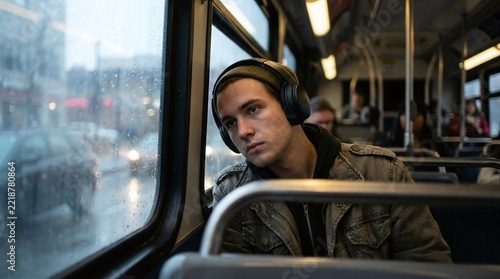 Urban Commute Melancholy: A young man with headphones gazes out a bus window on a rainy day, lost in thought amidst the urban landscape. His expression conveys a sense of introspective solitude.