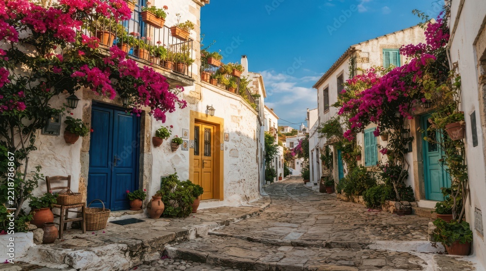 Obraz premium Charming cobblestone street in a Mediterranean village with vibrant pink bougainvillea flowers