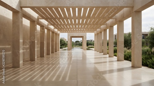 Modern architectural colonnade with symmetrical stone pillars and a slatted roof casting linear shadows on a polished floor in a serene, minimalist outdoor courtyard setting
