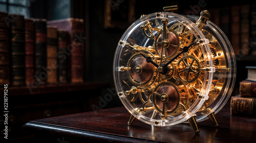 Steampunk style alarm clock with brass gears, transparent cover sits on dark wooden desk. Mechanical clock mechanism shows complex internal parts in dim light. Antique books in library background