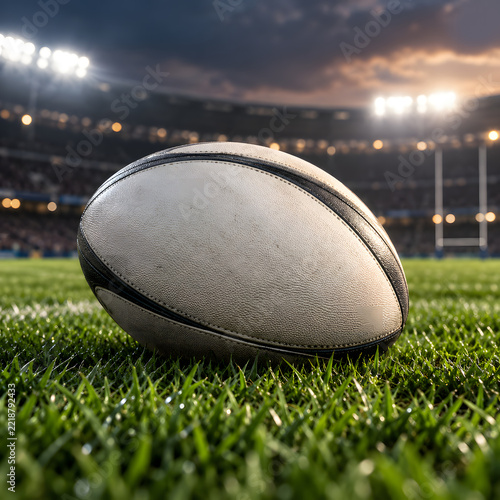 White rugby ball resting on grass under evening floodlights