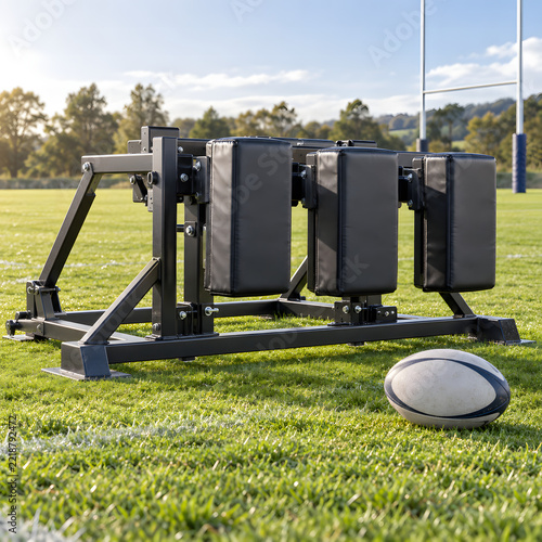 Scrum training machine and rugby ball on a grassy pitch