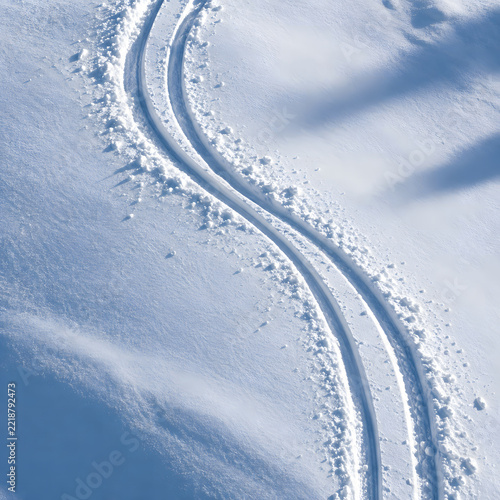 S shaped ski tracks curving through untouched powder snow
