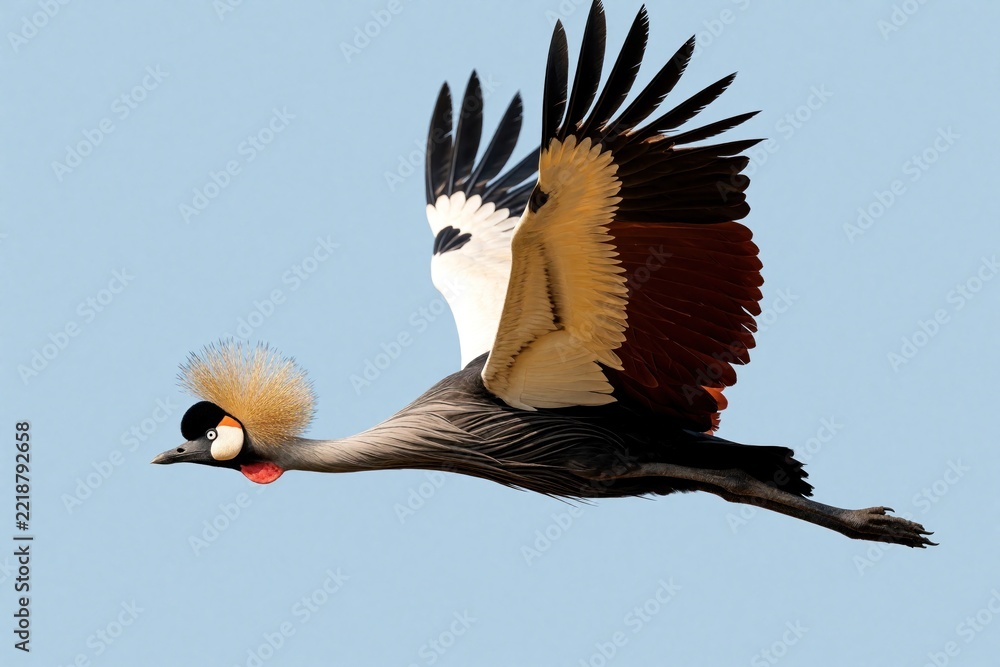 Naklejka premium African crowned crane flies in blue sky. Exotic bird spreads colorful wings with gold, black feathers. Wild animal glides through air with red wattle, yellow crest. Majestic crane shows beautiful