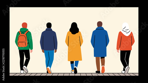 Diverse group of five multicultural people walking forward together representing unity community and social inclusion in a minimalist clean style