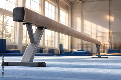 Low angle view along a balance beam in golden gym light