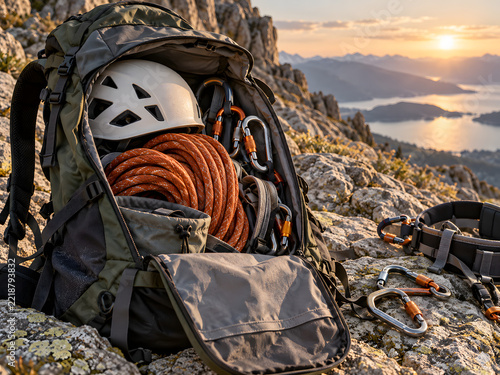 Backpack filled with climbing rope and helmet on a rocky ledge
