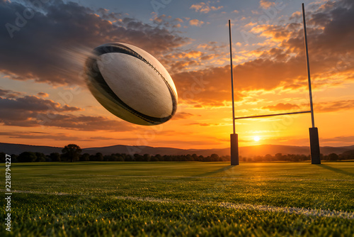 Rugby ball airborne beside goalposts in a golden evening sky