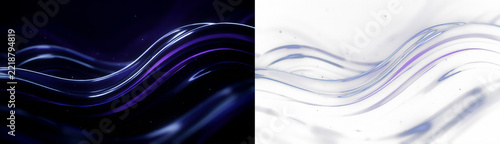 Abstract flowing liquid waves with purple and blue light reflections, dynamic 3d render of smooth glossy curves on dark and transparent backgrounds
