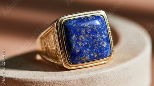 A Man's Lapis Lazuli Ring: A square-cut lapis lazuli gemstone set in a heavy gold signet ring, presented on a textured surface.