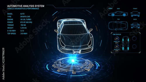 Futuristic 3D automotive interface featuring a sports car, vehicle diagnostics, performance data, technical diagrams, gauges and glowing holographic HUD elements.