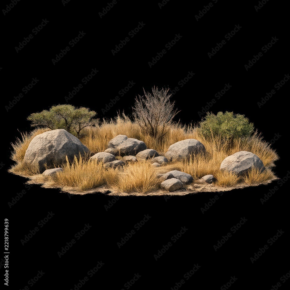 Fototapeta premium Desert landscape with rocks, dry grass, and sparse shrubs on black.