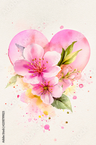 Soft pink heart with flowers surrounded by watercolor splashes o