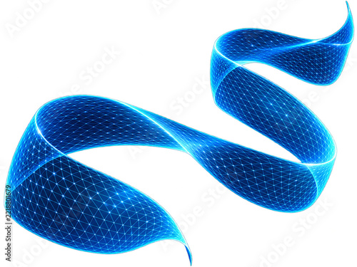 Glowing blue futuristic digital ribbon with mesh wireframe pattern and light glowing highlights isolated on transparent background