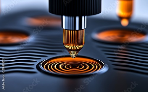 Close up of a precision machine dispensing liquid into a circular groove, showcasing advanced technology and innovation