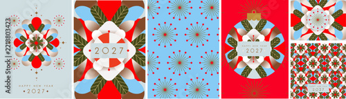 2027. Merry Christmas and Happy New Year. Vector abstract modern illustration with ornament, snowflake, Christmas ball, gradient geometric shape, pattern for greeting card, poster, banner, background 