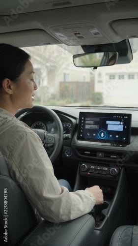 Female driver operating voice assistant on vehicle dashboard display, showcasing smart car technology, hands-free controls, and modern automotive infotainment systems for safe driving.
