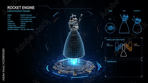 Futuristic 3D interface featuring a liquid rocket engine with propulsion data, thrust curves, combustion chamber, propellant systems, temperature readings and technical schematics.